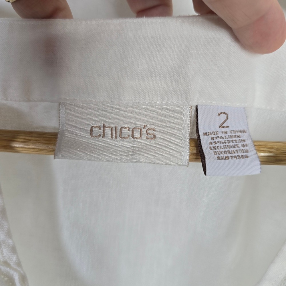 Chicos White Lace‎ Trim Tunic 3/4 Sleeve V-Neck Linen Cotton Boho Beach Size L - Picture 6 of 6
